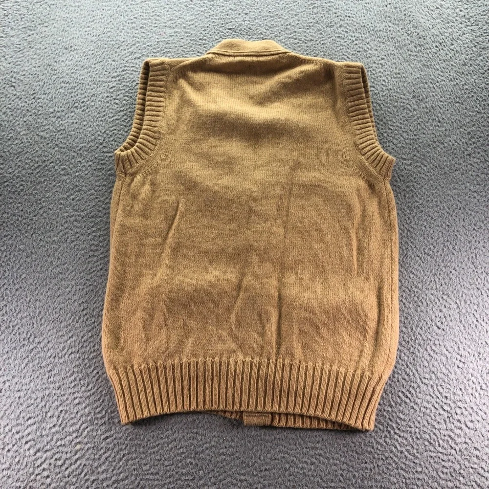 VTG LL Bean Sweater Vest Men Small Virgin Wool Camel Leather Button Cardigan USA